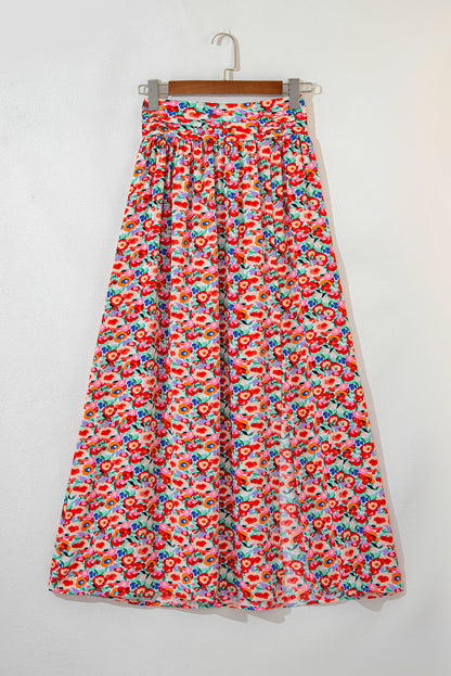 Floral Print Wide Waistband Side Slit Maxi Skirt | Red