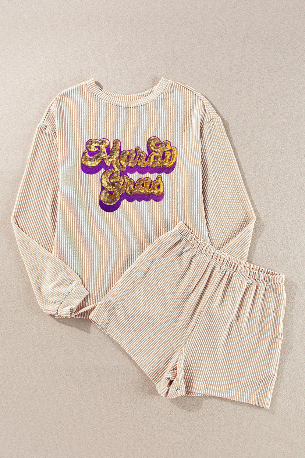 Mardi Gras Sequined Corded Knit Two Piece Shorts Set | Parchment