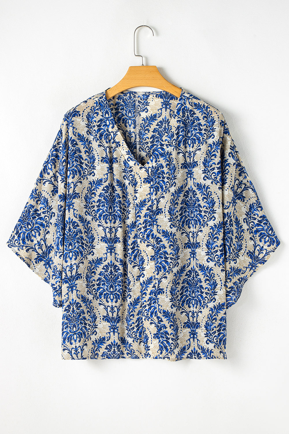 Plus Size Ethnic Printed 3/4 Sleeve V Neck Loose Blouse | Blue