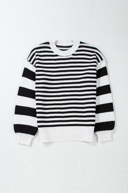 Black White Striped Drop Shoulder Bishop Sleeve Knit Sweater | Black white