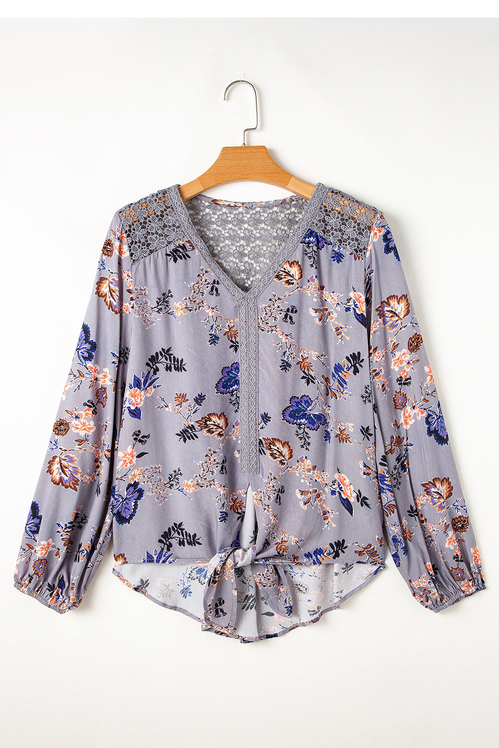 Floral Print Lace Patchwork Knot Front V Neck Blouse | Sky Blue