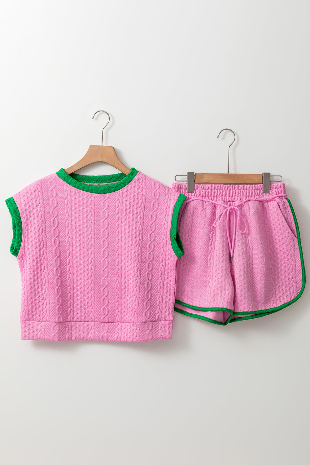 Contrast Trim Cable Textured Shorts Set | Pink