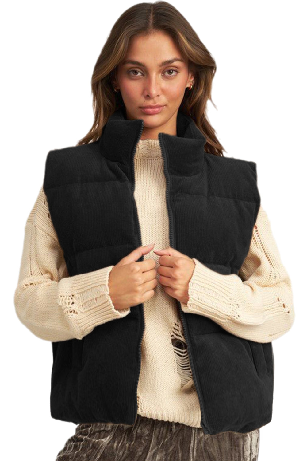 Corduroy Stand Neck Zipped Puffer Vest | Black