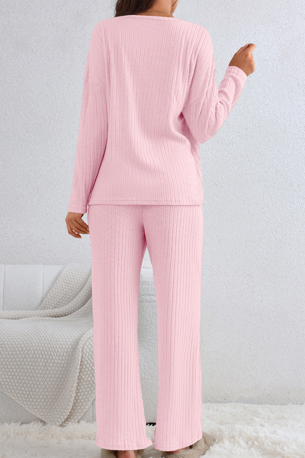 Ribbed Knit V Neck Slouchy Two-Piece Outfit | Light Pink