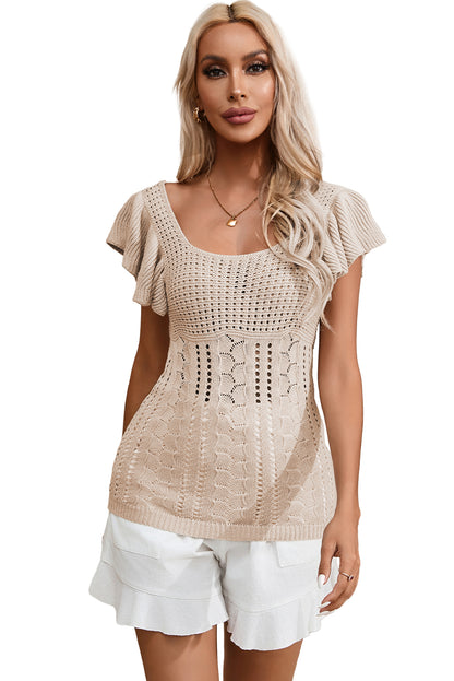 Pointelle Knit Flutter Sleeve Sweater | Beige