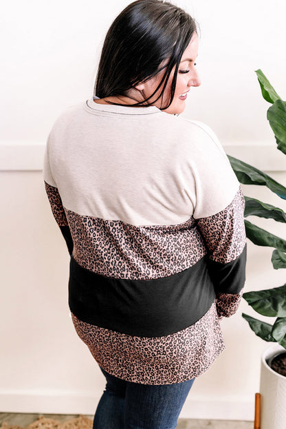 Leopard Print Colourblock V Neck Long Sleeve Plus Size Top | Black