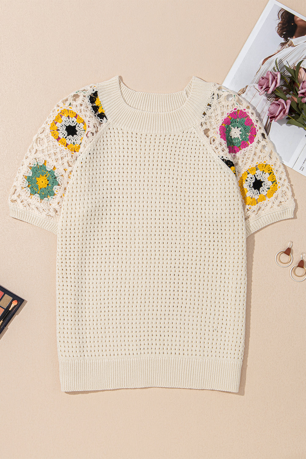 Hollow Out Floral Crochet Short Sleeve Crewneck Sweater | Apricot