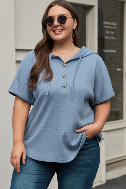 Plus Size Waffle Knit Short Sleeve Drawstring Hoodie | Ashleigh Blue