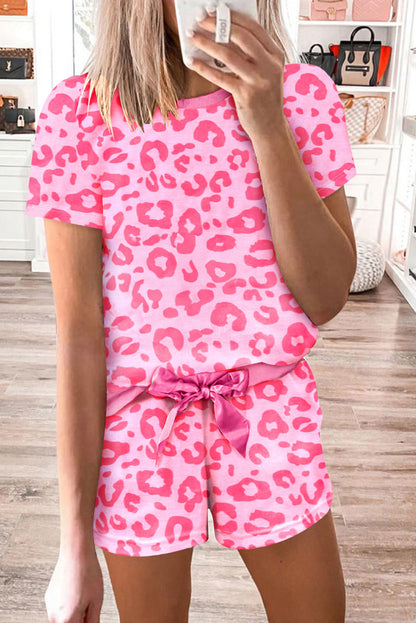 Leopard Print Tee And Satin Tie Shorts Lounge Set | Pink