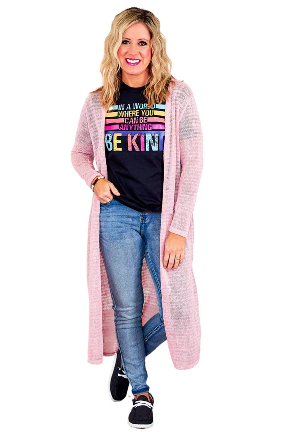 Sheer Knitted Long Side Slit Plus Size Cardigan | Pink