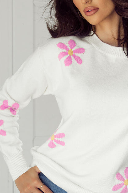 Flower Pattern Ribbed Edge Elegant Sweater | White