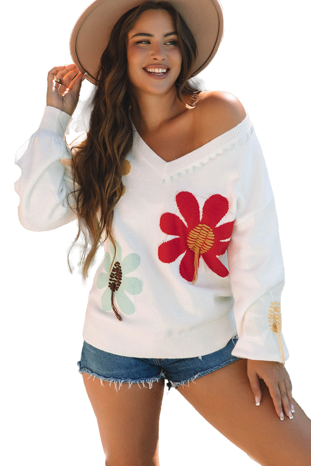 Big Flower Pattern V Neck Drop Shoulder Sweater | White