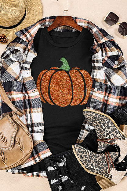 Glittering Pumpkin Graphic Halloween T Shirt | Black