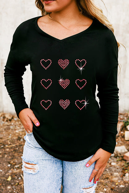 Valentines Day Rhinestone Heart Graphic Long Sleeve Tee | Black