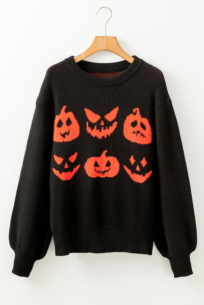 Halloween Pumpkin Face Pattern Drop Shoulder Sweater | Black