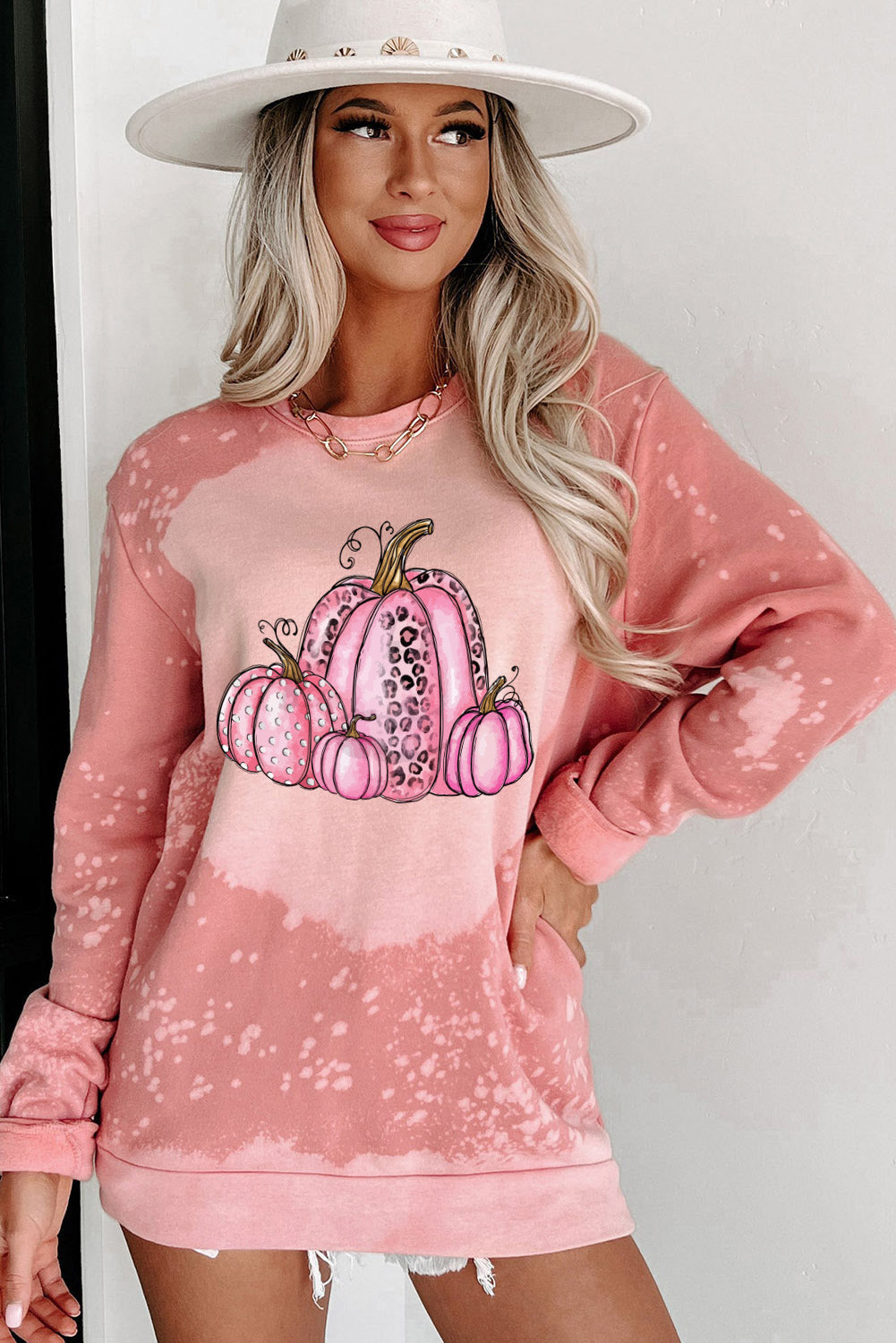 Pumpkin Graphic Bleached Tie Dye Sweatshirt | Pink