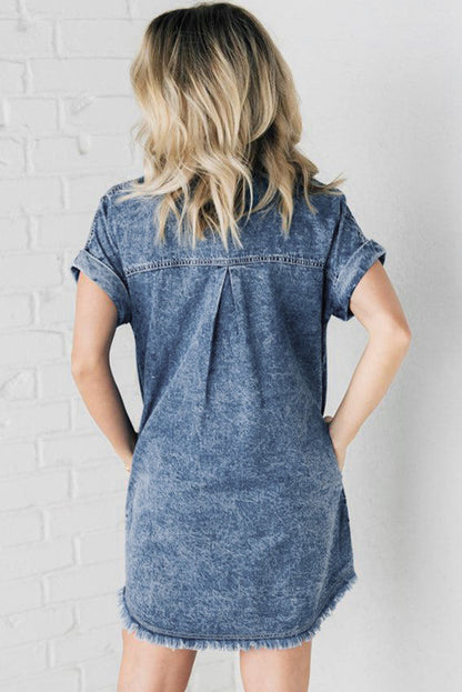 Mineral Wash Cuffed Sleeve Frayed Hem Denim Dress | Blue