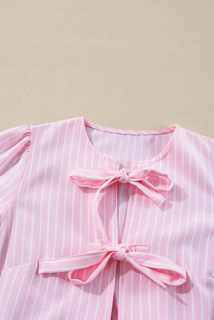 Bowknot Front Crew Neck Puff Sleeve Blouse | Pink Stripe