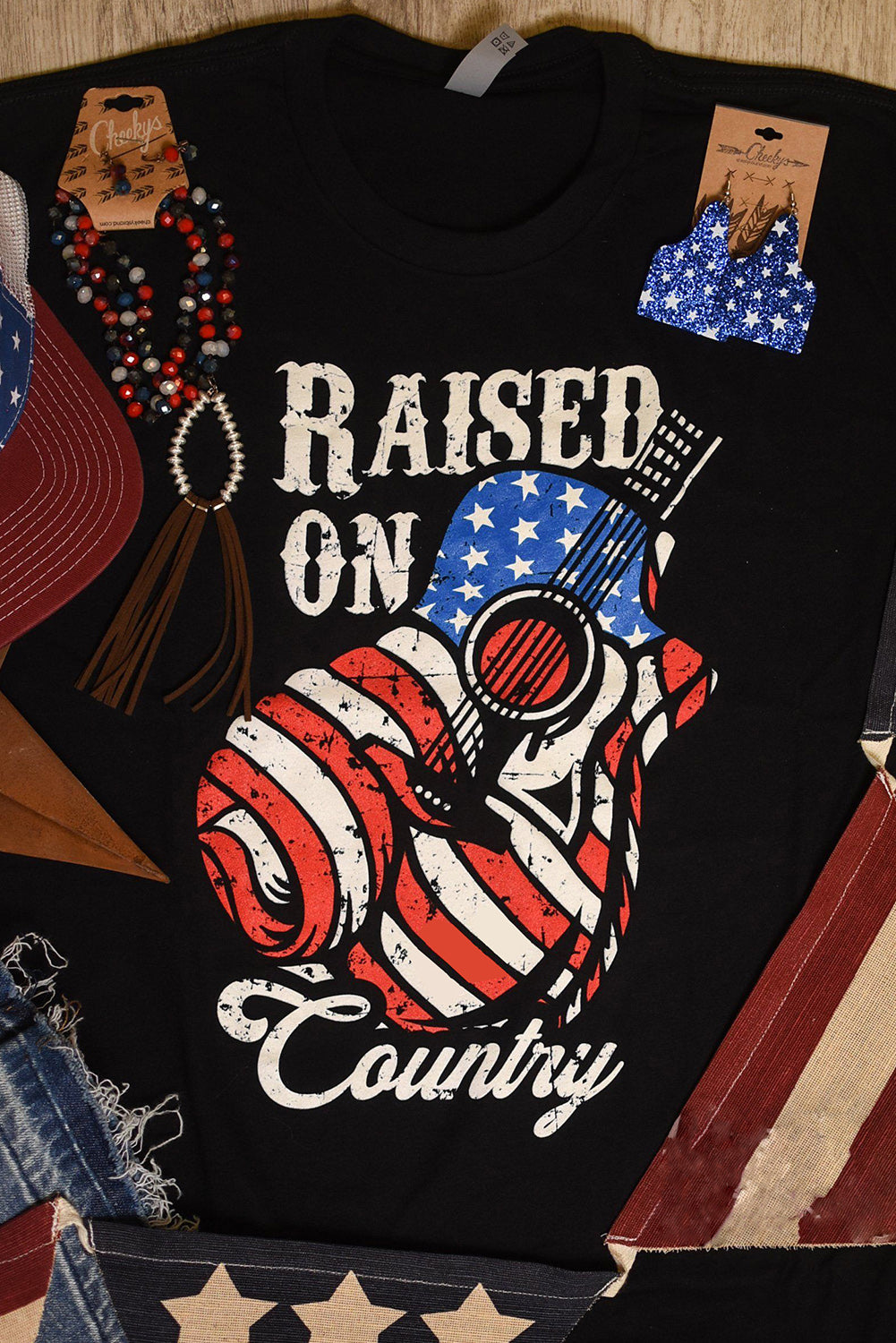 Raised On Country Usa Flag Guitar Graphic Tee | Black