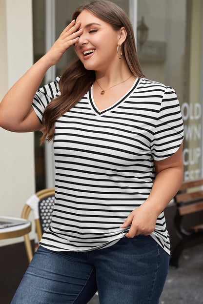 V Neck Petal Sleeve Plus Size T-Shirt | White Stripe