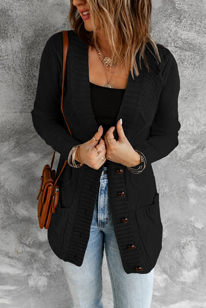 Front Pocket And Buttons Closure Cardigan | Black