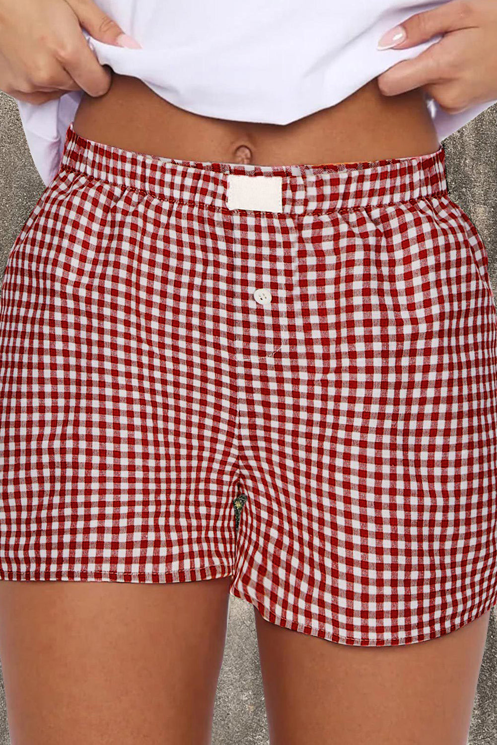 Red Plaid Gingham Printed High Waist Shorts | Red Stripe