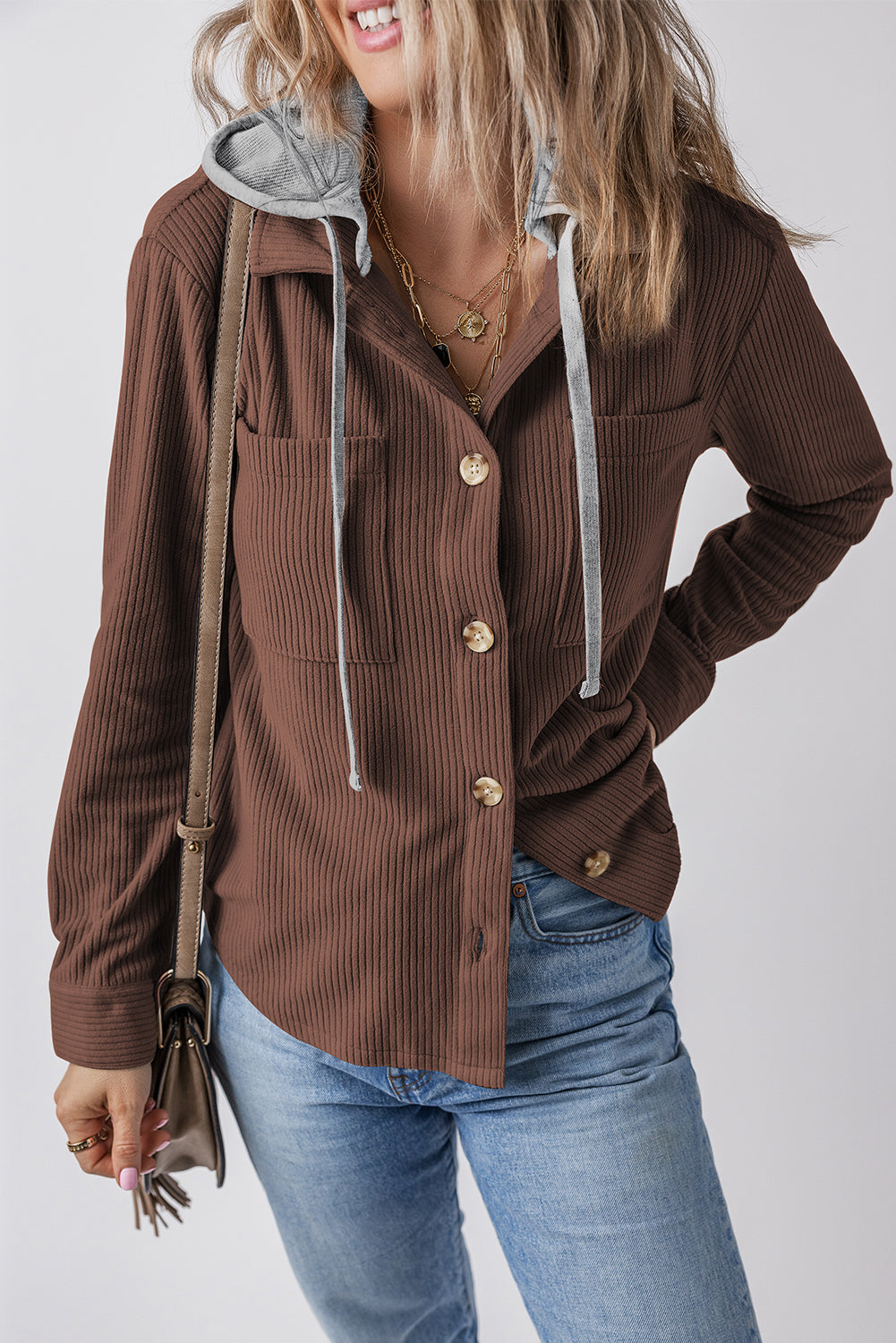 Hooded Drawstring Pockets Corduroy Shacket | Coffee