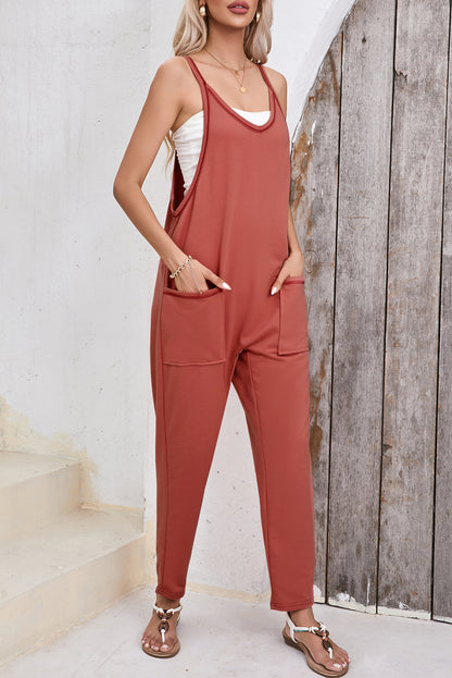 Side Pockets Harem Pants Sleeveless V Neck Jumpsuit | Gold Flame