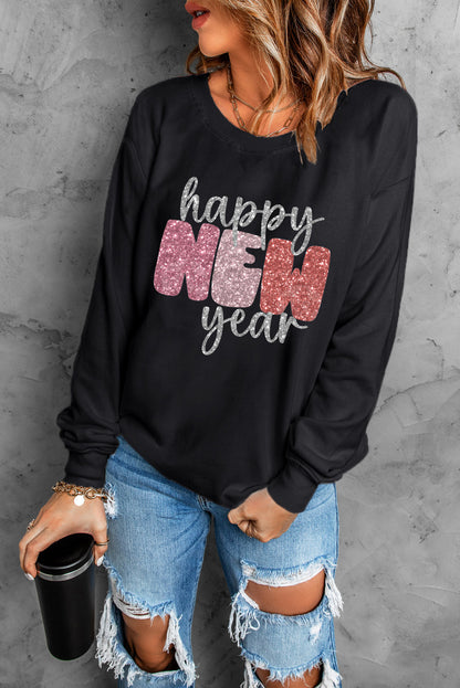 Glistening Happy New Year Graphic Sweatshirt | Black