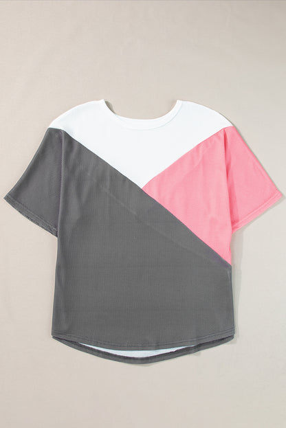 Colourblock Waffle Knit Half Sleeve T Shirt | Strawberry Pink