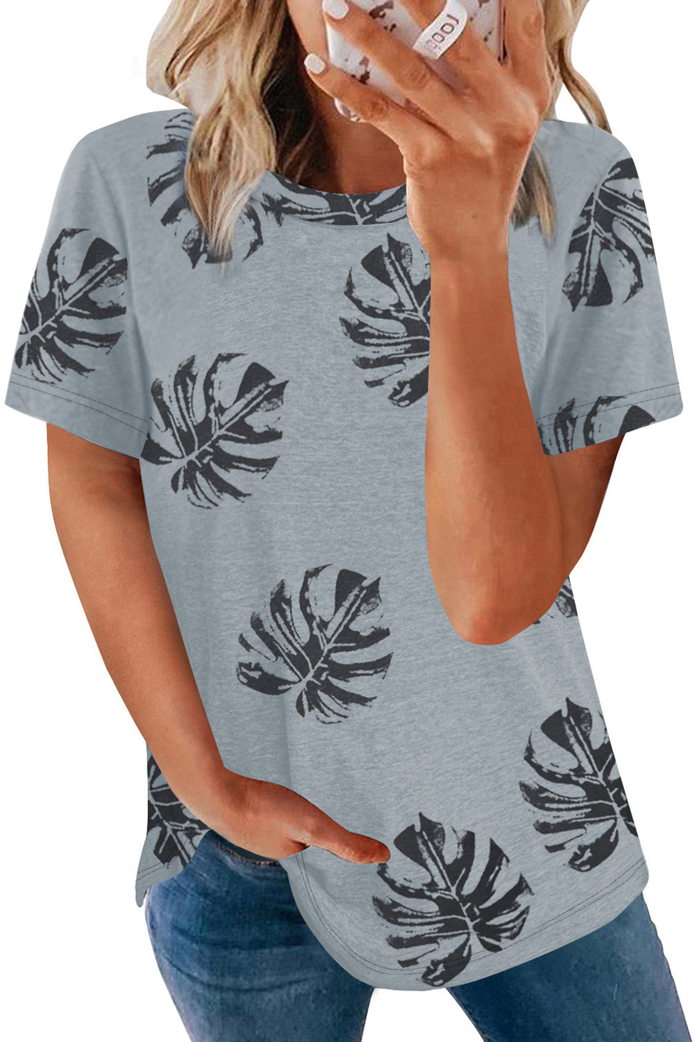 Crew Neck Tropical Plants Print T-Shirt | Gray