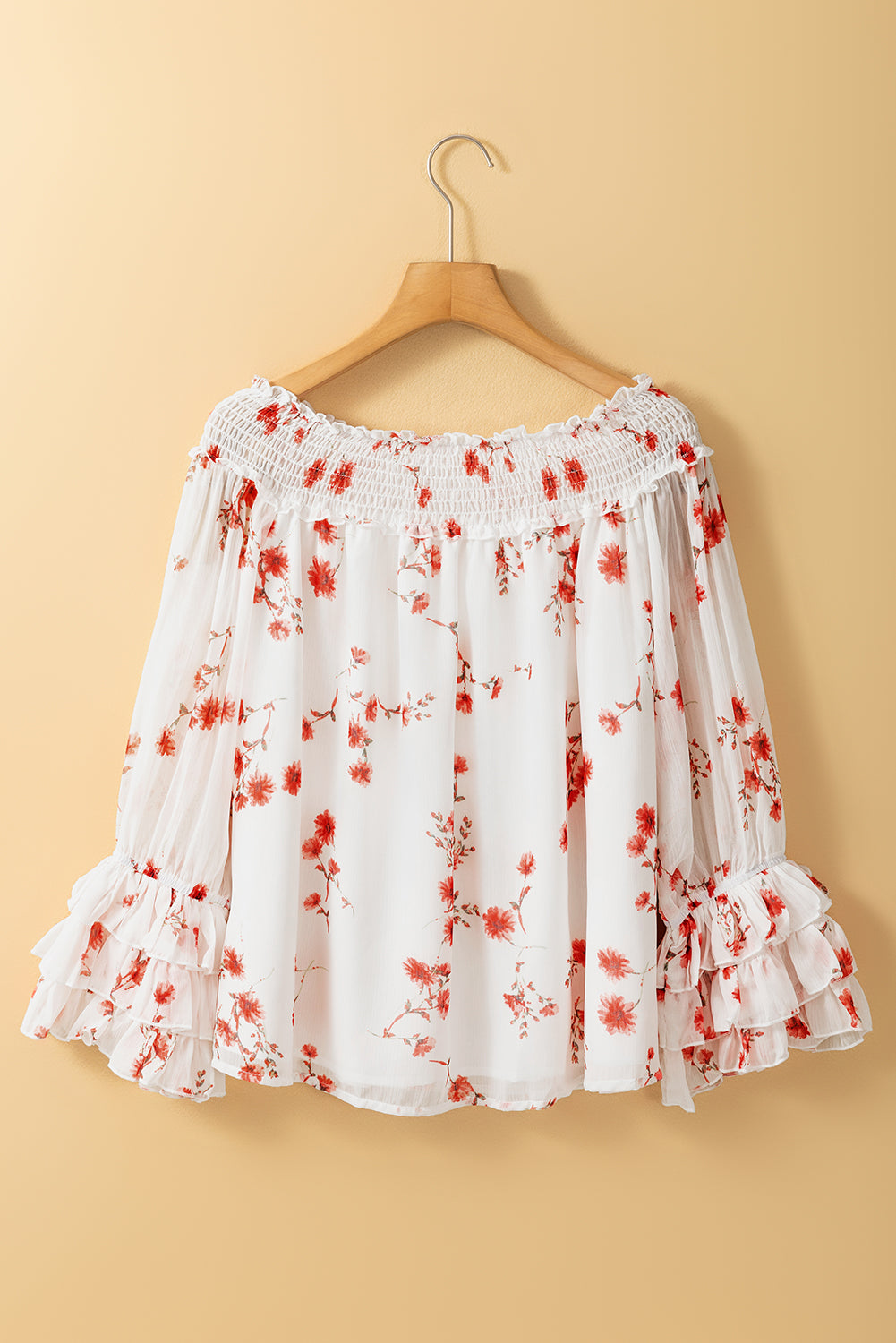 Floral Print Shirred Off Shoulder Ruffled Sleeve Blouse | White