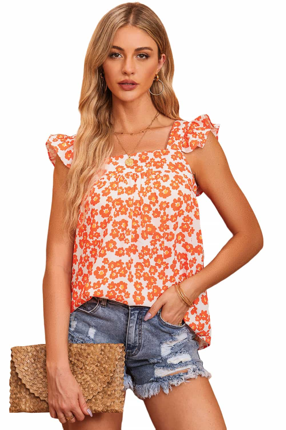 Floral Print Square Neck Ruffle Tank Top | Orange