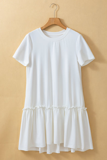 Frilly Splicing Hem Short Sleeve Casual Dress | White