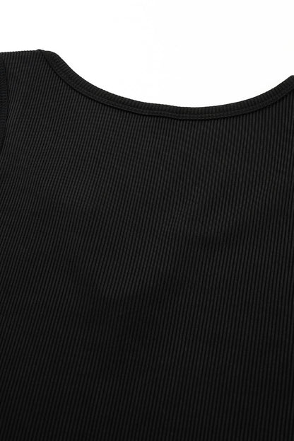 Split Neck Ribbed Knit Tank Top | Black