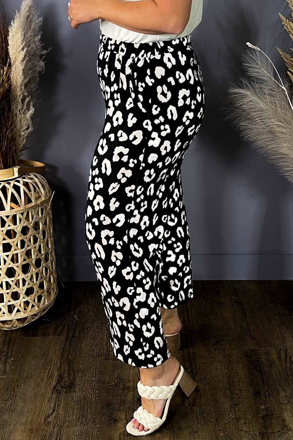 Print Wide Leg Pockets Plus Size Pants | Leopard