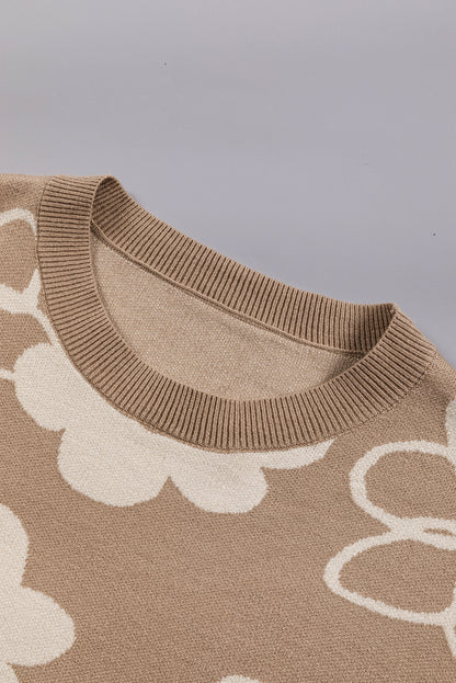 Floral Drop Shoulder Ribbed Trim Sweater | Camel