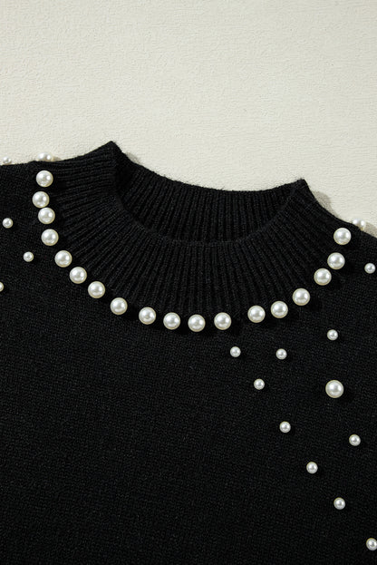 Pearl Beaded Bishop Sleeve Sweater | Black