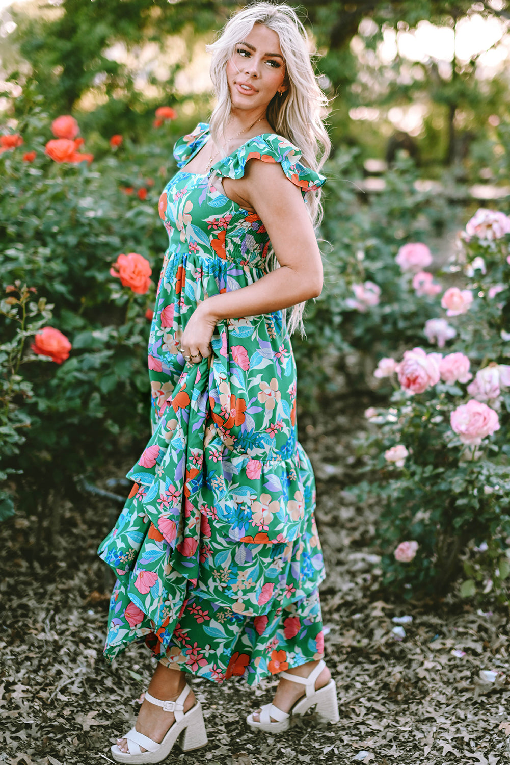 Floral Print Sleeveless Ruffle Tiered Maxi Dress | Green