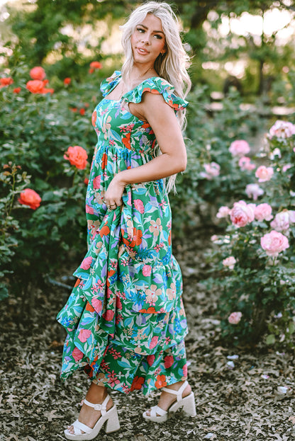 Floral Print Sleeveless Ruffle Tiered Maxi Dress | Green