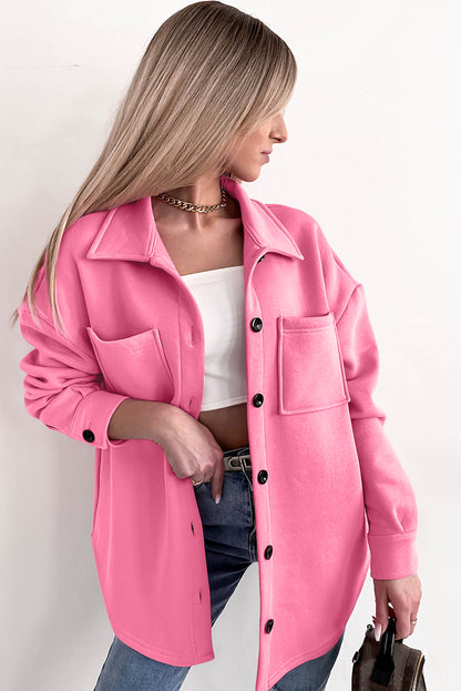 Solid Colour Pocketed Button Up Long Sleeve Shacket | Pink