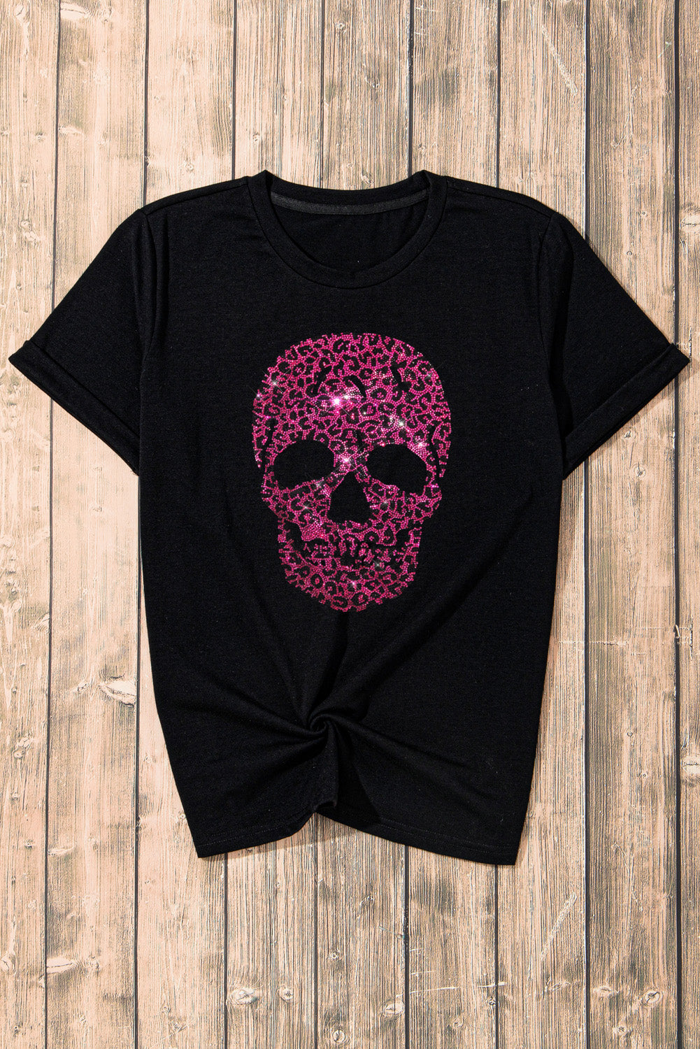 Rhinestone Leopard Skull Graphic Crewneck Casual T Shirt | Black