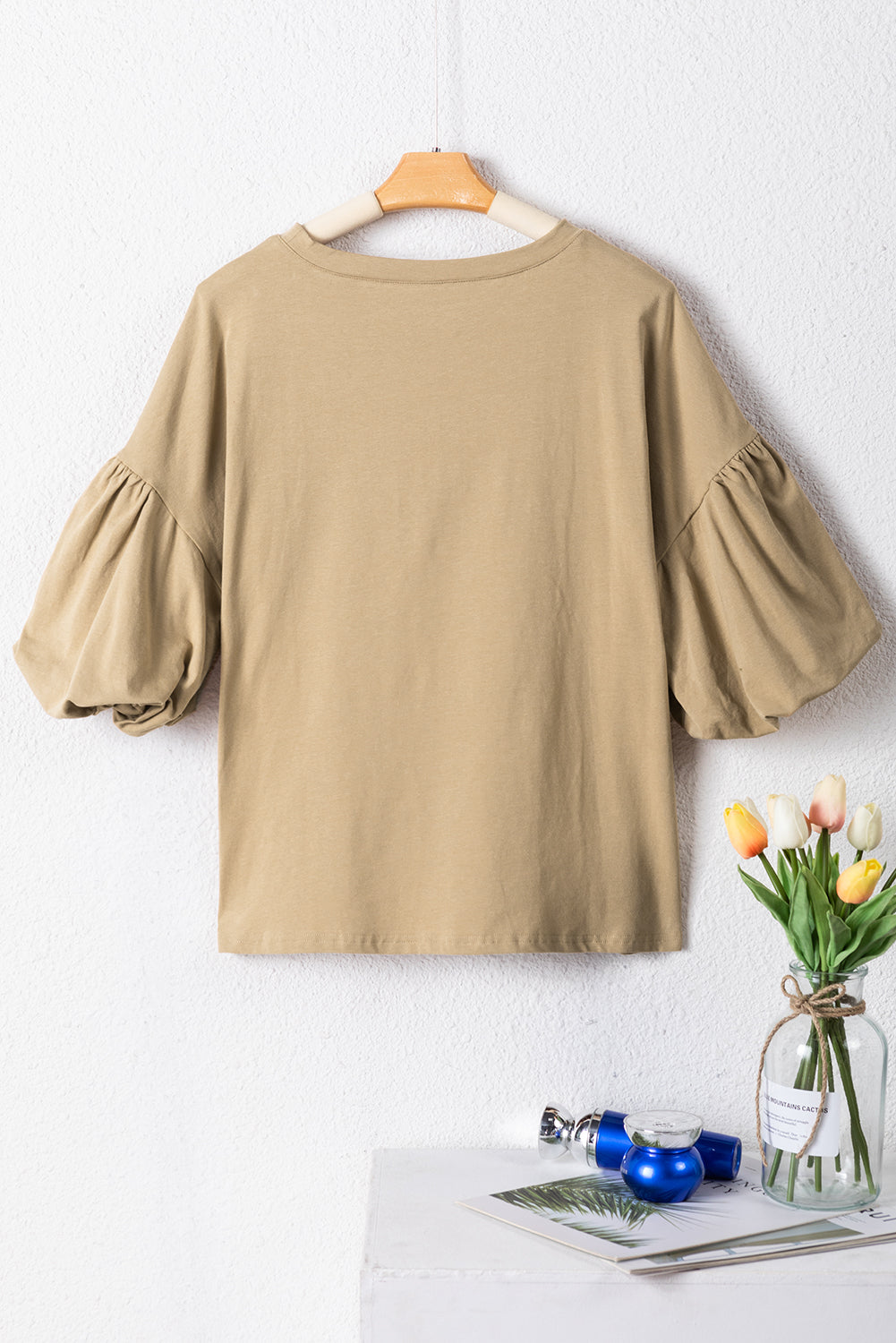 Solid Colour Lantern Sleeve Drop Shoulder Blouse | Light French Beige