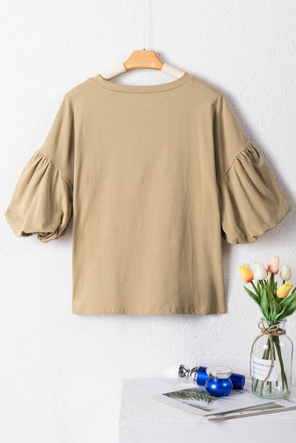 Solid Colour Lantern Sleeve Drop Shoulder Blouse | Light French Beige