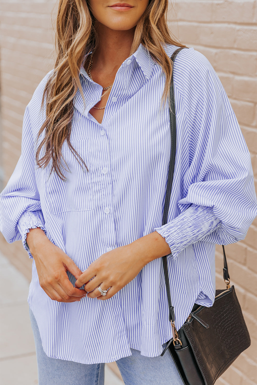 Smocked Cuffed Striped Boyfriend Shirt With Pocket | Sky Blue