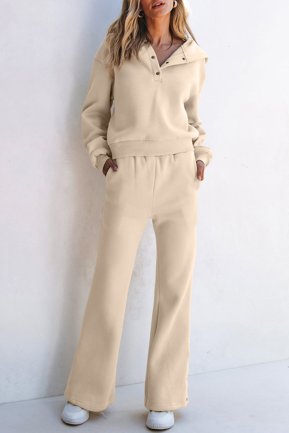 Solid Colour Hoodie And High Waist Pants Two Piece Activewear | Parchment