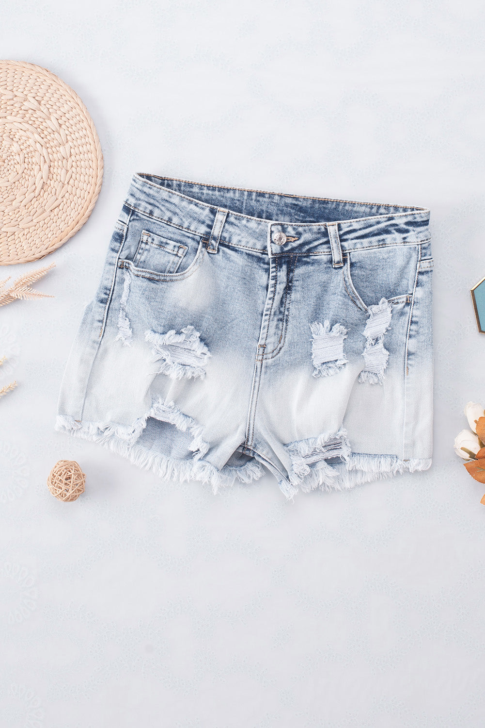 Bleached Wash Distressed Denim Shorts | Sky Blue