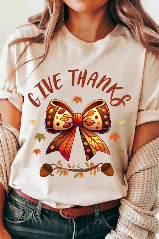 White GIVE THANKS Bowknot Graphic Cuffed Sleeve T Shirt