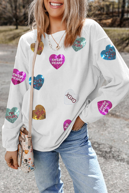 Valentines Slogan Heart Sequin Corded Baggy Sweatshirt | White