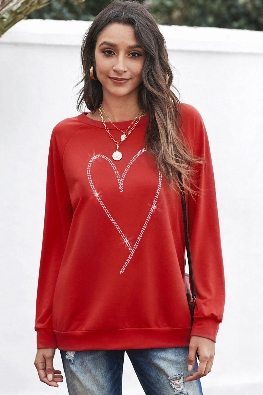 Fiery  Rhinestone Heart Shaped Long Sleeve Sweatshirt | Red